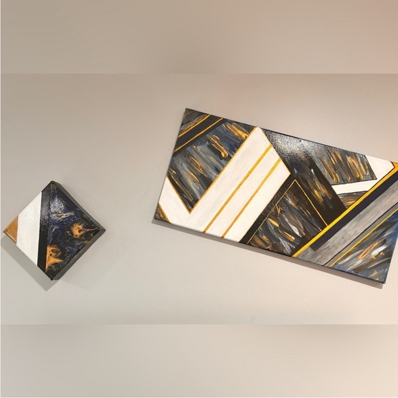 Original Handmade Abstract Geometric Wall Art Set - Black White Gold OOAK